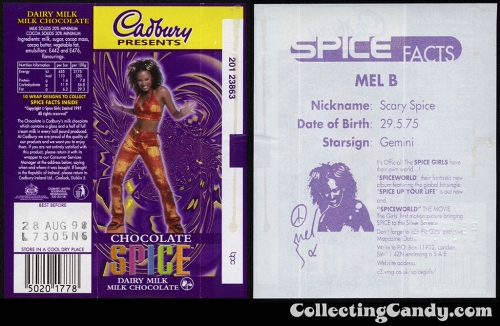 Click to view full size image
==============
CC_UK-Cadbury-Spice-Girls-Mel-B-Scary-Spice-A-21g-chocolate-bar-candy-wrapper-1997.jpg CC_UK-Cadbury-Spice-Girls-Mel-B-Scary-Spice-A-21g-chocolate-bar-candy-wrapper-1997.jpg